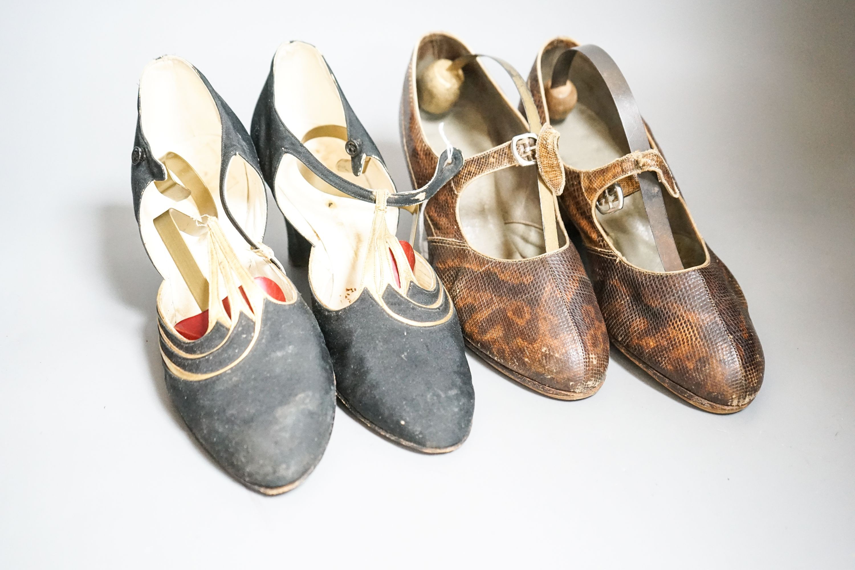 A pair of black silk and gold kid leather 1930's evening shoes and a similar pair of lizard and snakeskin shoes